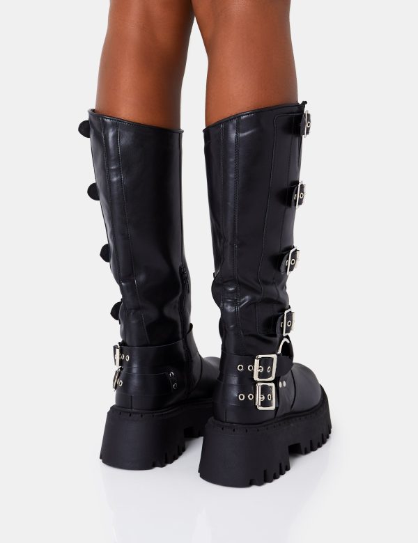 Punk Black Pu Chunky Sole Buckle Down Knee High Boot Jetzt online – Bild 4