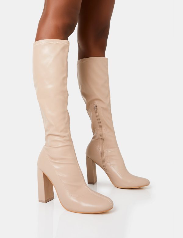 Christina Nude Pu Pointed Toe Block Heel Knee High Boots Rabatt