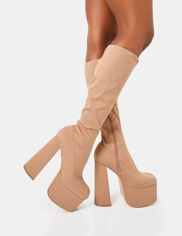 Polished Taupe Nylon Platform Rounded Square Toe Block Heeled Knee High Boots Angebot – Bild 2