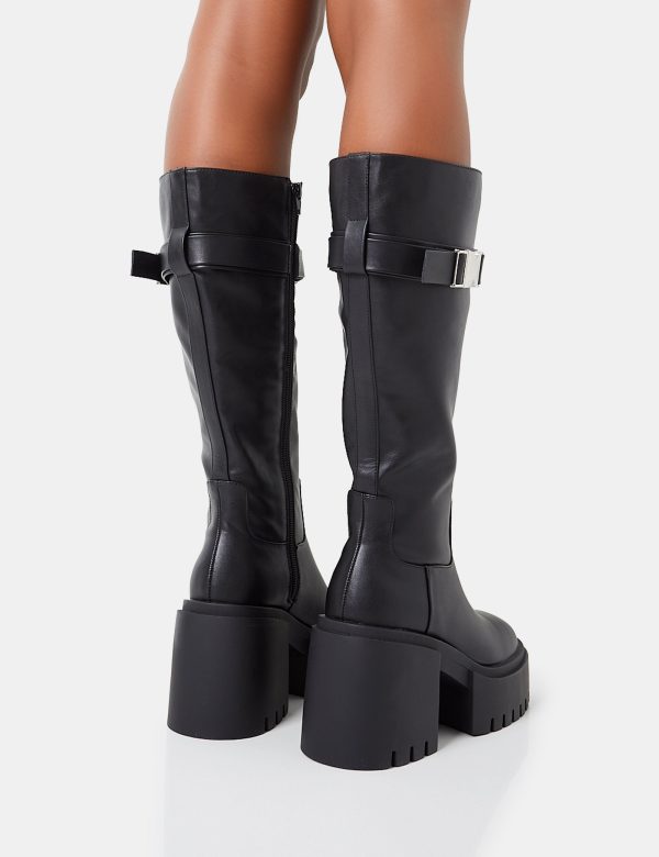 Alaska Wide Fit Black Pu Rounded Toe Chunky Soled Block Heel Knee High Boots Verkauf – Bild 4