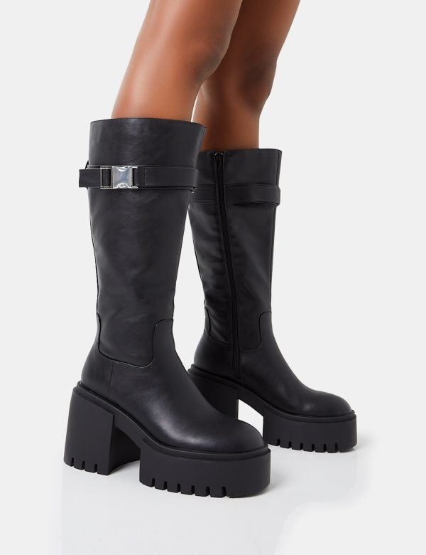 Alaska Wide Fit Black Pu Rounded Toe Chunky Soled Block Heel Knee High Boots Verkauf