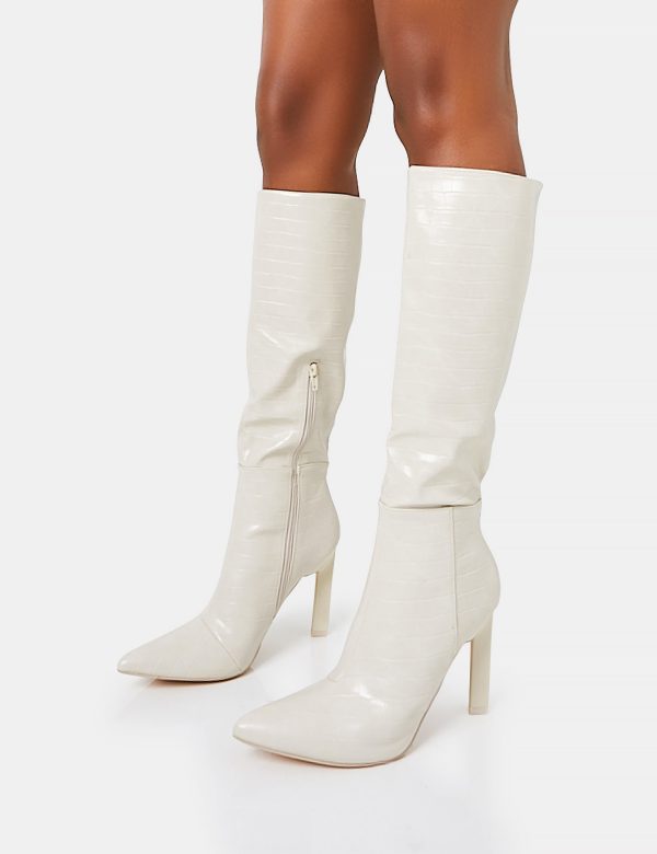 Unite Ecru Croc Pointed Toe  Knee High Block Heeled Boots Jetzt online – Bild 3