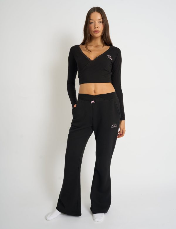 Kaiia Bow Detail Wide Leg Joggers Black & Pink Online