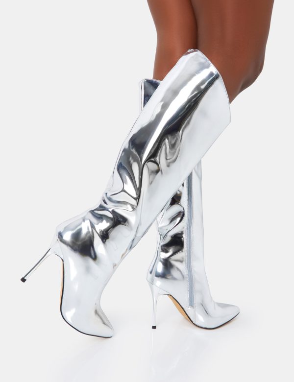 Falcon Silver Mirror Knee High Stiletto Boot Mode – Bild 4